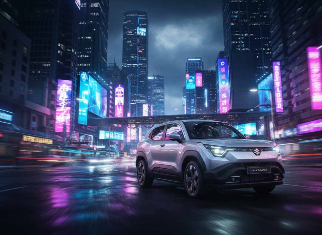suzuki e-vitara 2026 dans ville futuriste suisse tendances automobiles futures