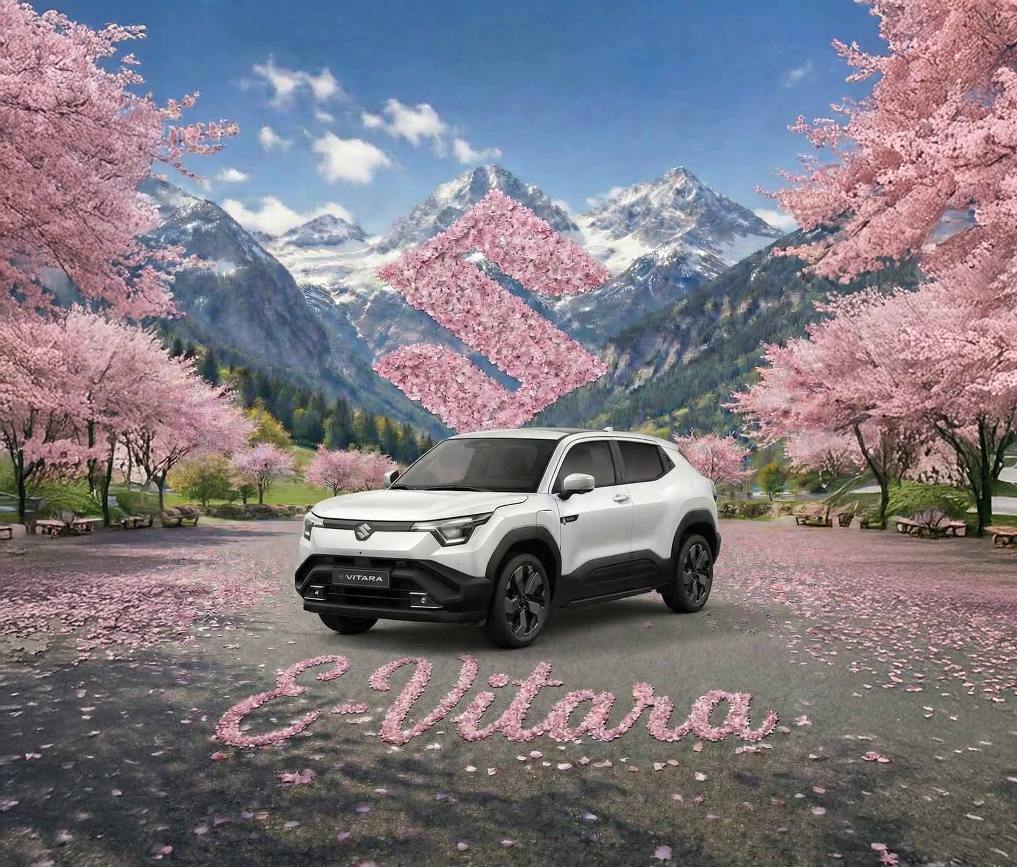 suzuki e vitara sakura 4x4 2026 à aigle sur route avec fond montagne et cerisier japonais en fleur voiture neuve ou d'occasion