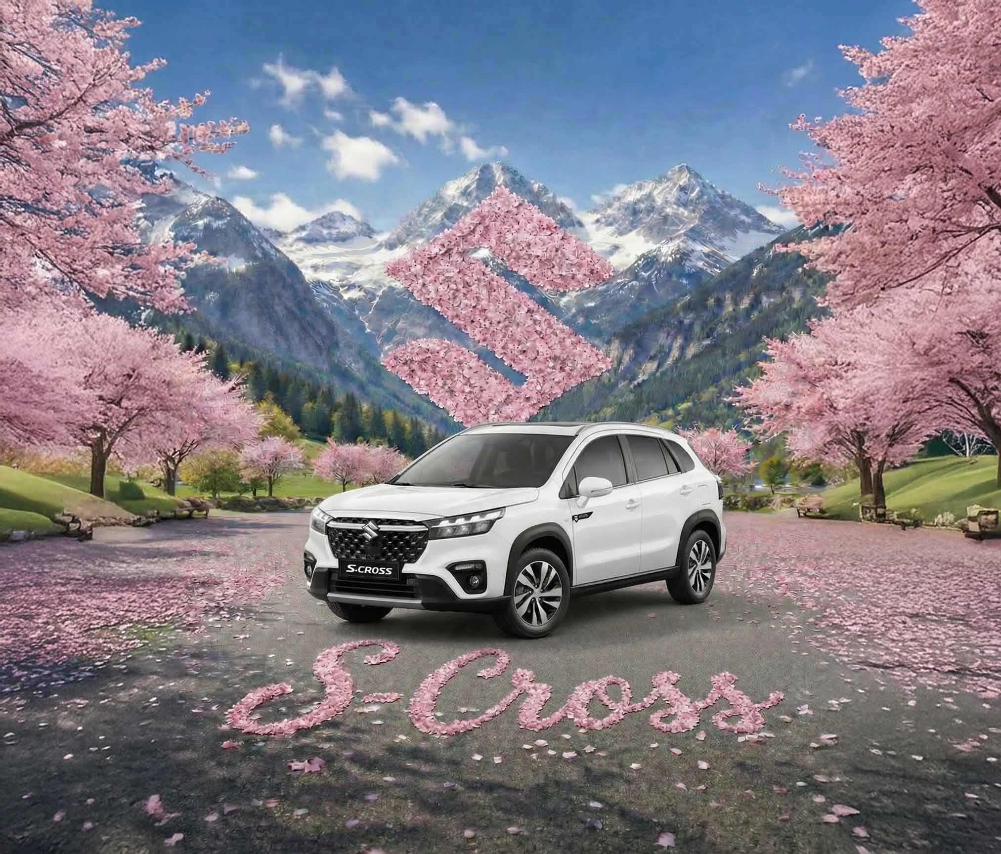 Suzuki sakura s-cross 4x4 2026 suv 4x4 à aigle avec fond montagneux et cerisier en fleur
