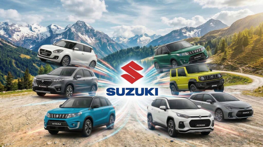 gamme voiture suzuki 4x4 complète garage aigle avec fond montagneux en suisse