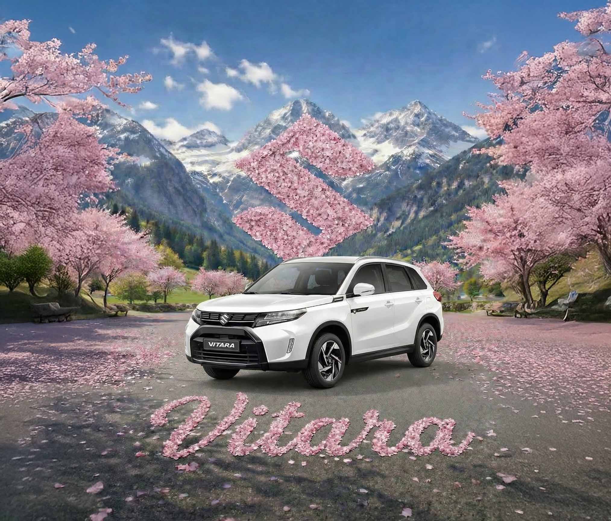 suzuki sakura suzuki vitara 4x4 2026 sur route aigle canton de vaud en suisse avec fond de montagne et cerisier en fleur