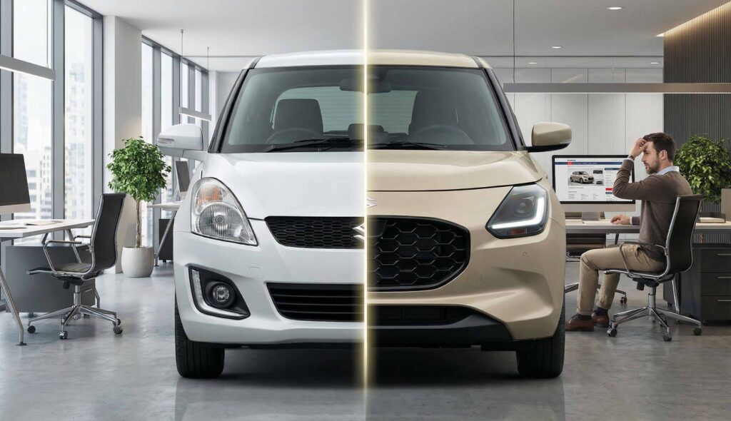 acheter voiture neuve ou d'occasion image comparative vieille suzuki swift et nouvelle suzuki swift client indécis devant son ordinateur sur page Suzuki Aigle