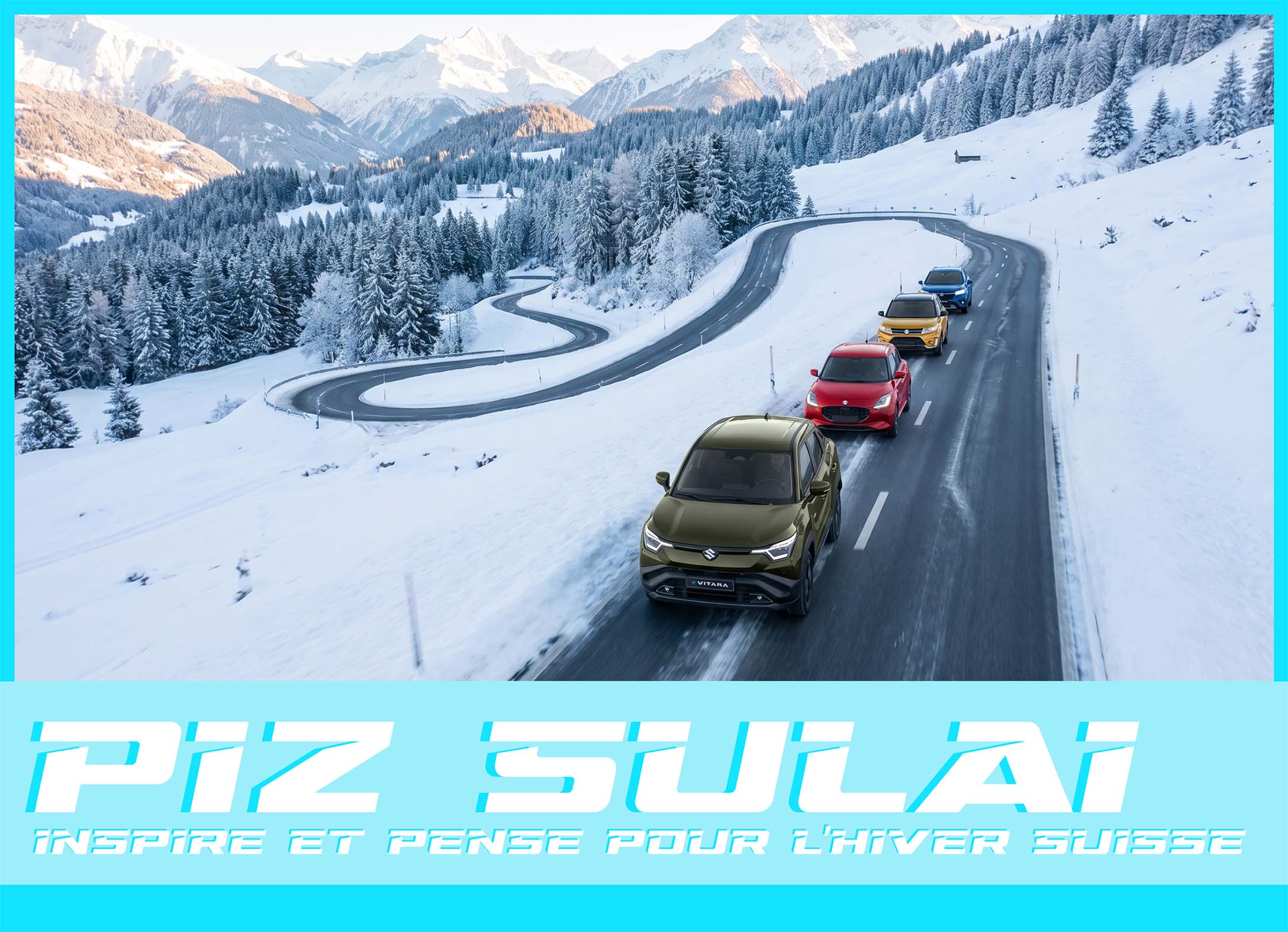 suzuki piz sulai 4x4 sur route de montagne en suisse dans le canton de Vaud. il y a la suzuki swift, vitara, s-cross et e-vitara