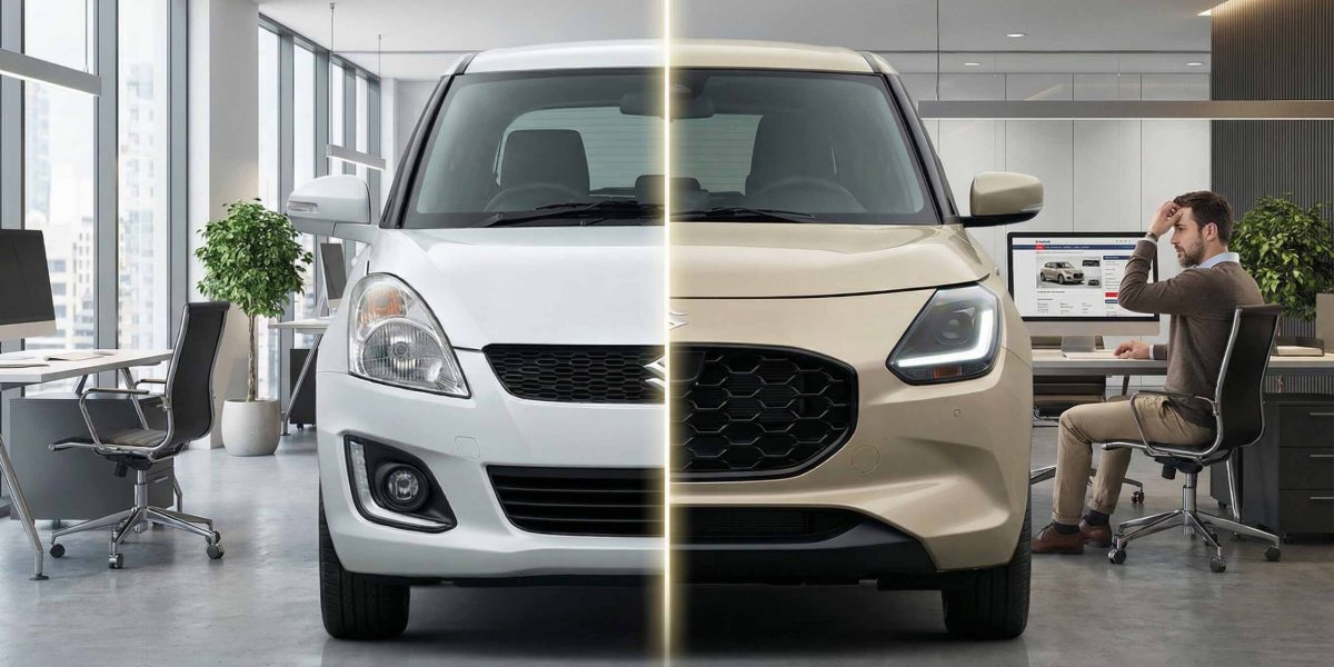 acheter voiture neuve ou d'occasion image comparative vieille suzuki swift et nouvelle suzuki swift client indécis devant son ordinateur sur page Suzuki Aigle